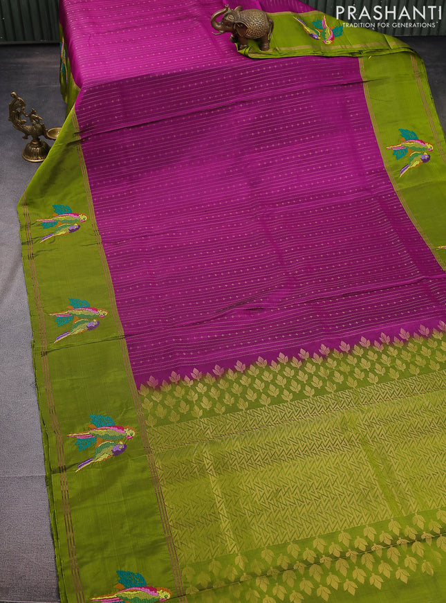 Pure soft silk saree purple and light green with allover zari weaves and zari woven parrot embroidery butta border