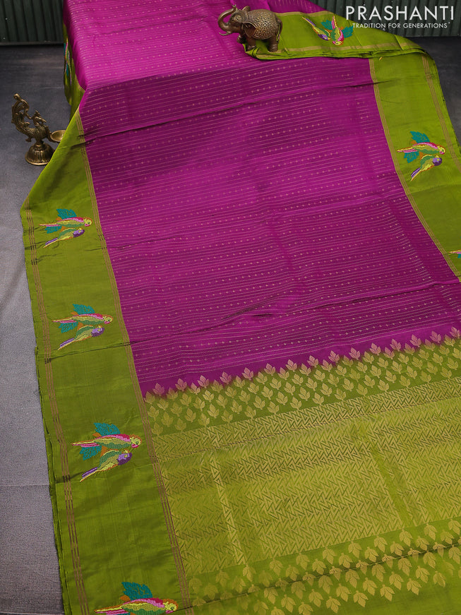 Pure soft silk saree purple and light green with allover zari weaves and zari woven parrot embroidery butta border