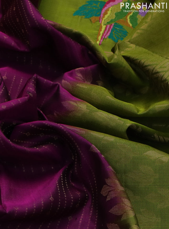 Pure soft silk saree purple and light green with allover zari weaves and zari woven parrot embroidery butta border
