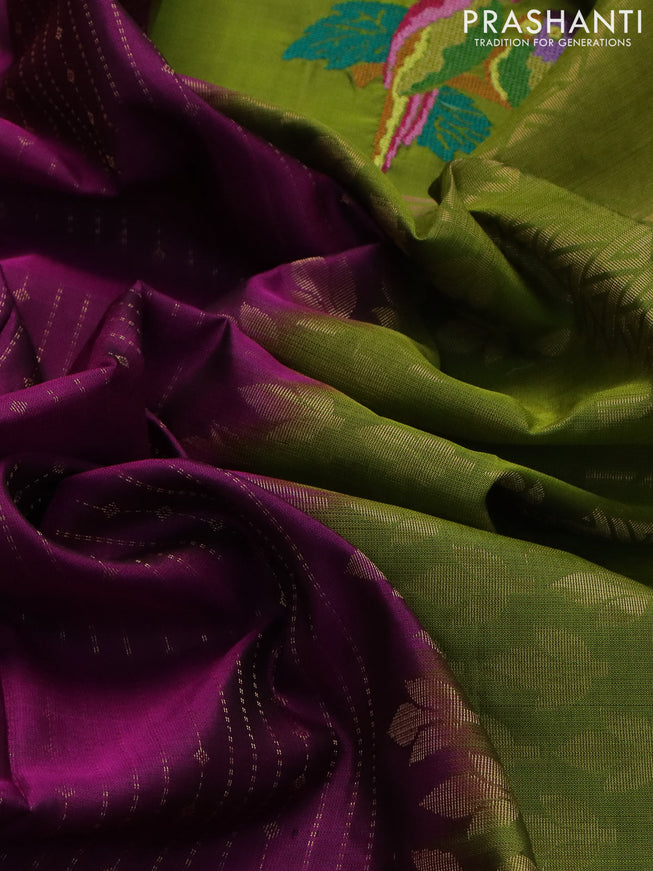 Pure soft silk saree purple and light green with allover zari weaves and zari woven parrot embroidery butta border