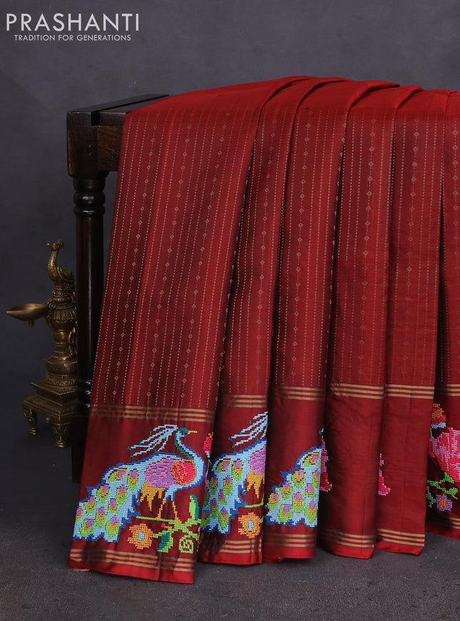 Pure soft silk saree maroon with allover zari weaves and zari woven parrot embroidery butta border