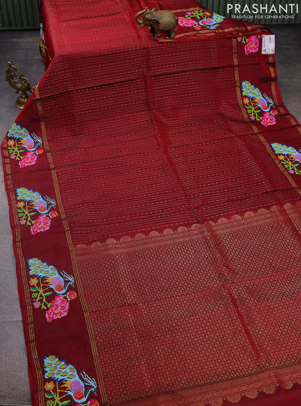 Pure soft silk saree maroon with allover zari weaves and zari woven parrot embroidery butta border