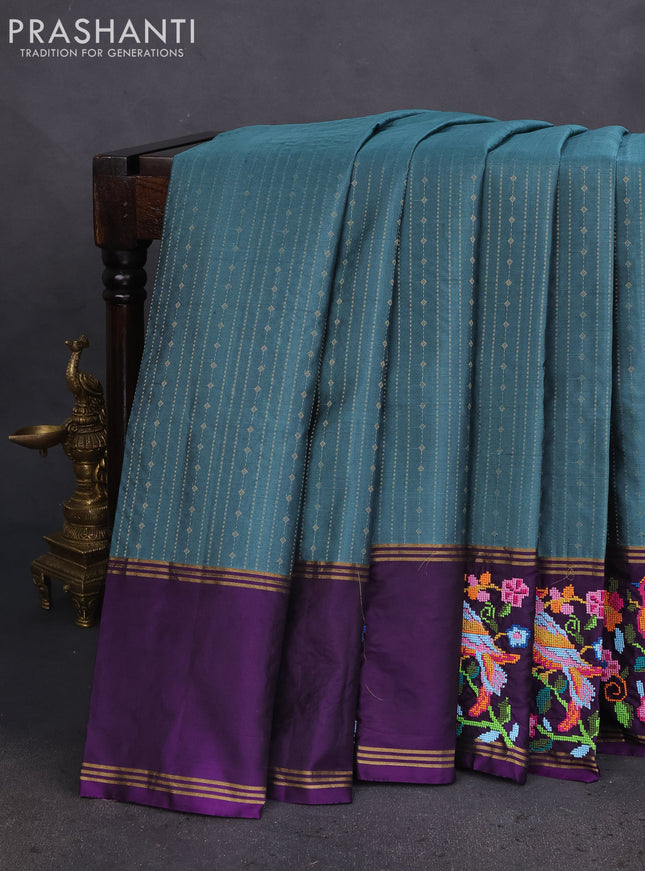 Pure soft silk saree pastel blue shade and purple with allover zari weaves and zari woven embroidery butta border