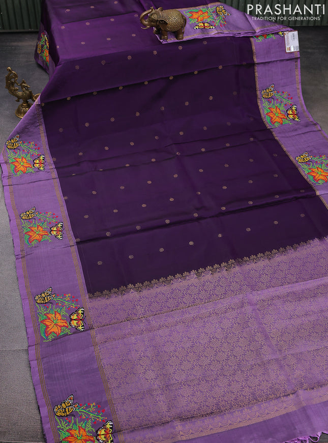 Pure soft silk saree violet and mild purple with zari woven floral buttas and zari woven embroidery butta border