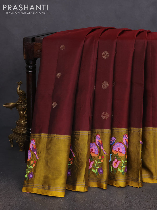 Pure soft silk saree maroon and mustard yellow with zari woven buttas and zari woven embroidery butta border
