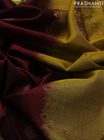 Pure soft silk saree maroon and mustard yellow with zari woven buttas and zari woven embroidery butta border