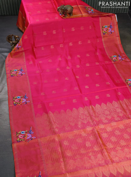 Pure soft silk saree pink and dual shade of rust with zari woven annam buttas and zari woven embroidery butta border
