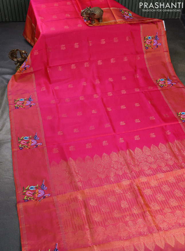 Pure soft silk saree pink and dual shade of rust with zari woven annam buttas and zari woven embroidery butta border