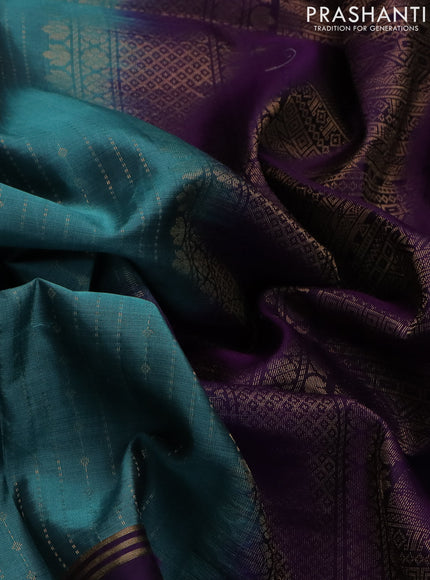 Pure soft silk saree peacock green shade and purple with allover zari weaves and zari woven embroidery butta border