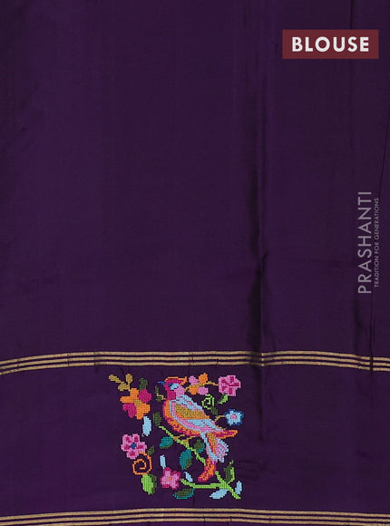 Pure soft silk saree peacock green shade and purple with allover zari weaves and zari woven embroidery butta border