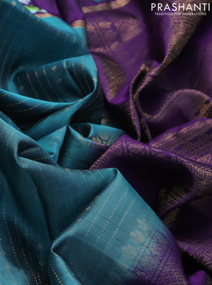 Pure soft silk saree teal blue shade and violet with allover zari weaves and zari woven embroidery butta border