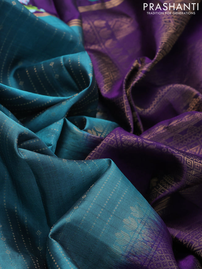 Pure soft silk saree teal blue shade and violet with allover zari weaves and zari woven embroidery butta border