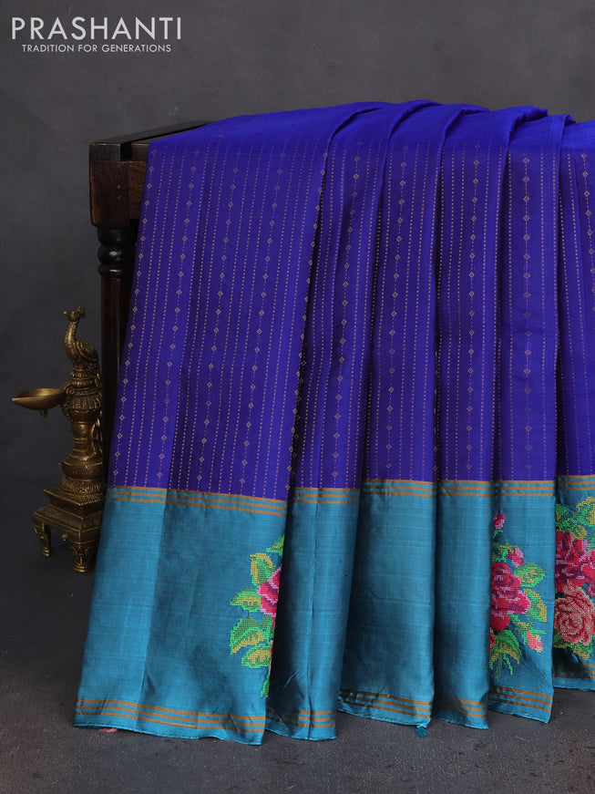 Pure soft silk saree royal blue and teal blue shade with allover zari weaves and zari woven embroidery butta border