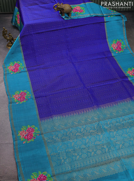 Pure soft silk saree royal blue and teal blue shade with allover zari weaves and zari woven embroidery butta border