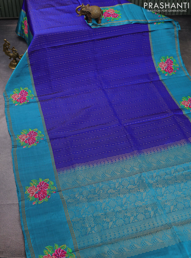 Pure soft silk saree royal blue and teal blue shade with allover zari weaves and zari woven embroidery butta border