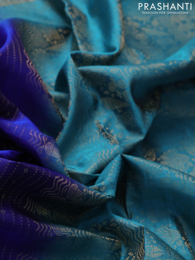 Pure soft silk saree royal blue and teal blue shade with allover zari weaves and zari woven embroidery butta border
