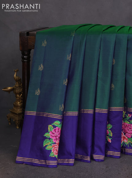 Pure soft silk saree green and blue with allover zari woven annam butta and zari woven embroidery butta border