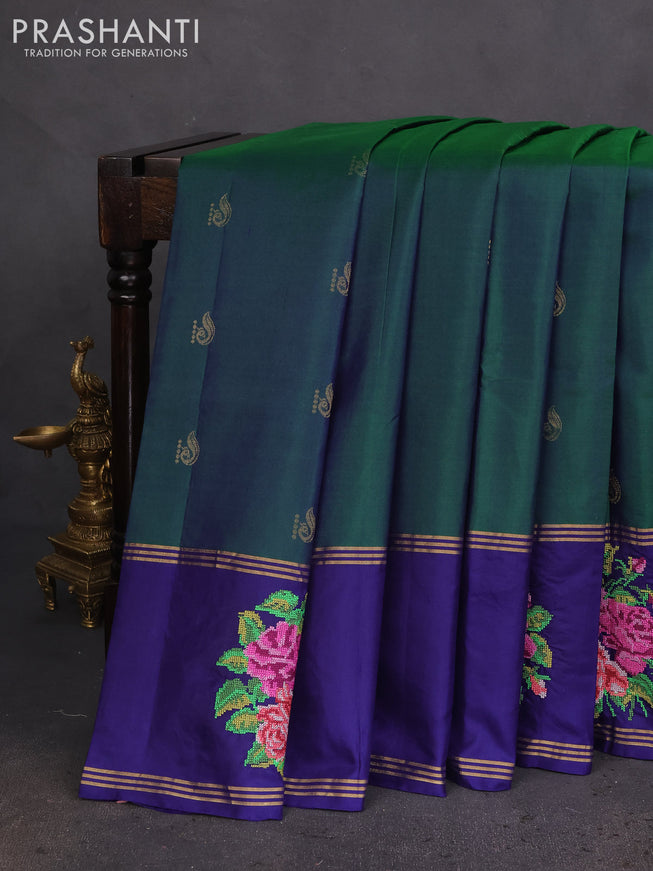 Pure soft silk saree green and blue with allover zari woven annam butta and zari woven embroidery butta border