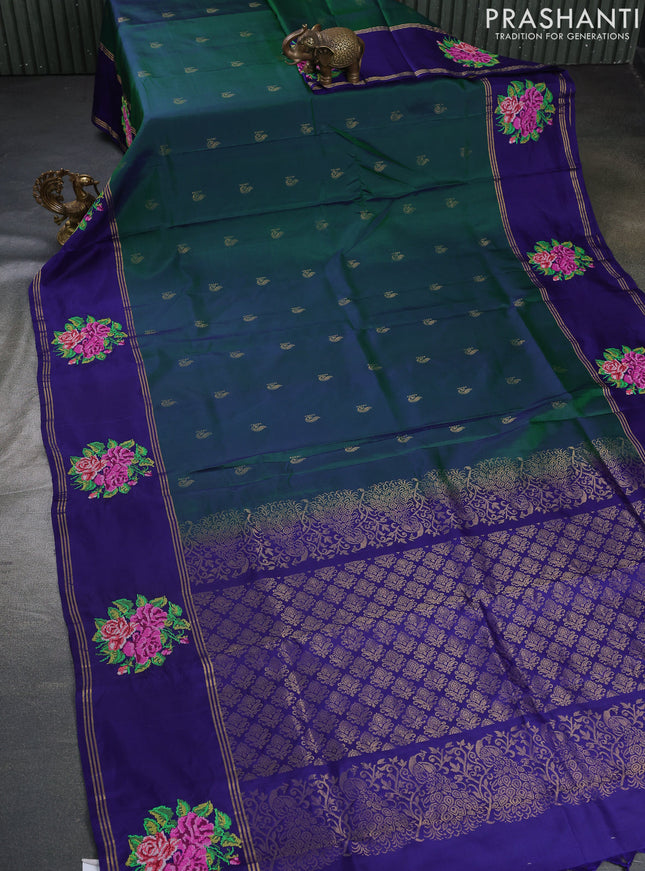 Pure soft silk saree green and blue with allover zari woven annam butta and zari woven embroidery butta border