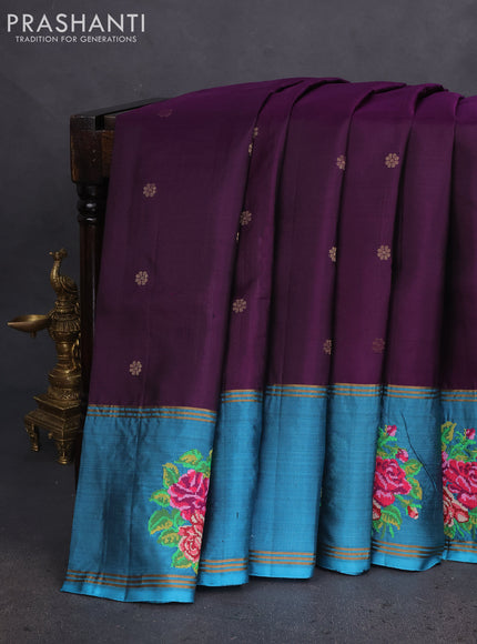 Pure soft silk saree purple and blue shade with allover zari woven butta and zari woven embroidery butta border