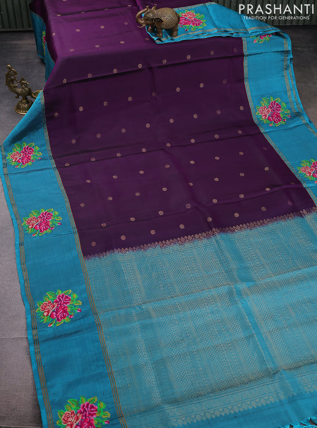 Pure soft silk saree purple and blue shade with allover zari woven butta and zari woven embroidery butta border
