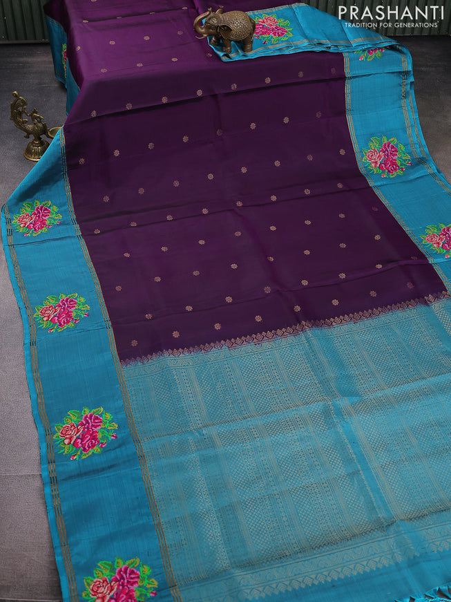 Pure soft silk saree purple and blue shade with allover zari woven butta and zari woven embroidery butta border
