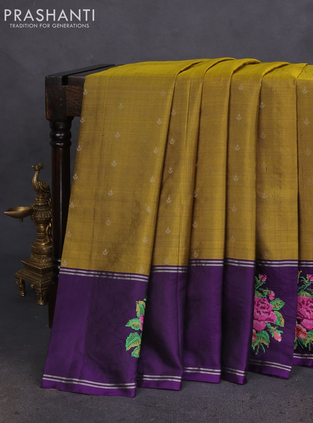 Pure soft silk saree dark mustard and violet with allover silver zari woven butta weaves and zari woven embroidery butta border