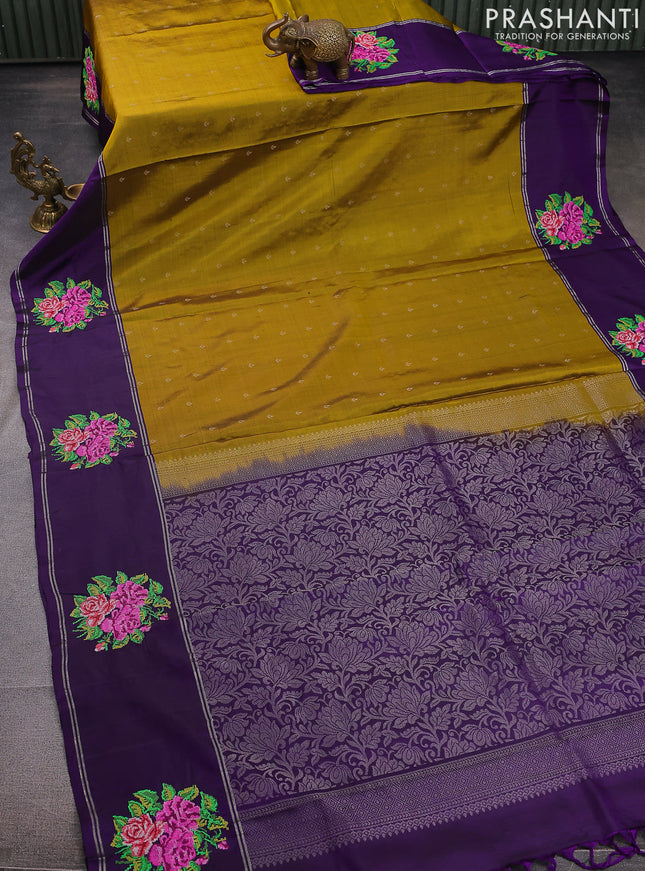 Pure soft silk saree dark mustard and violet with allover silver zari woven butta weaves and zari woven embroidery butta border