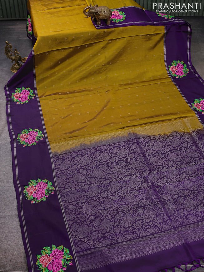 Pure soft silk saree dark mustard and violet with allover silver zari woven butta weaves and zari woven embroidery butta border