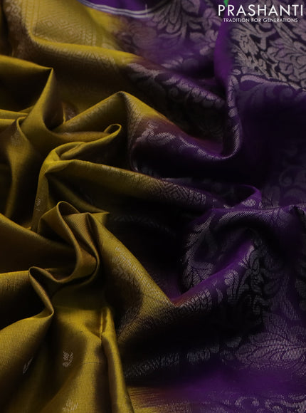 Pure soft silk saree dark mustard and violet with allover silver zari woven butta weaves and zari woven embroidery butta border