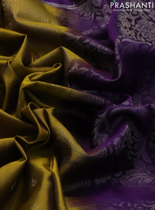 Pure soft silk saree dark mustard and violet with allover silver zari woven butta weaves and zari woven embroidery butta border