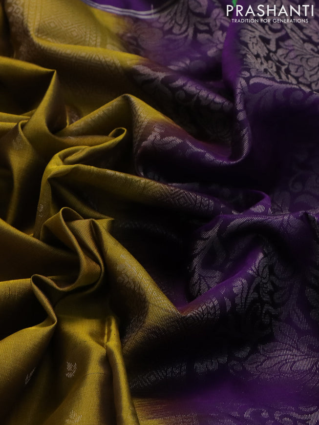 Pure soft silk saree dark mustard and violet with allover silver zari woven butta weaves and zari woven embroidery butta border