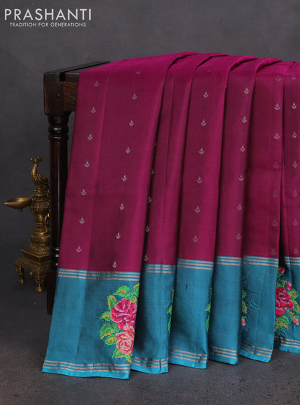 Pure soft silk saree purple and teal blue shade with allover silver zari woven butta weaves and zari woven embroidery butta border