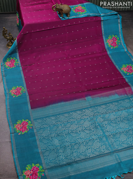 Pure soft silk saree purple and teal blue shade with allover silver zari woven butta weaves and zari woven embroidery butta border