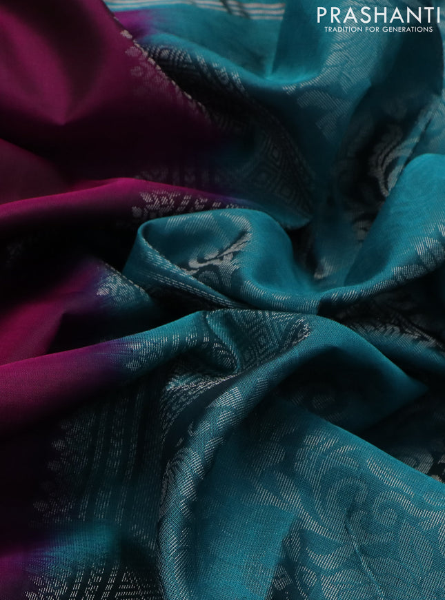 Pure soft silk saree purple and teal blue shade with allover silver zari woven butta weaves and zari woven embroidery butta border