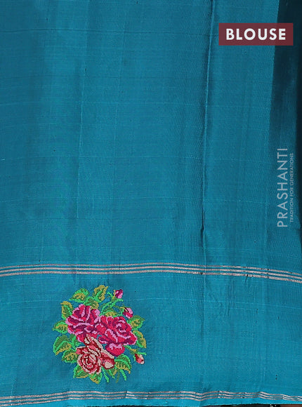 Pure soft silk saree purple and teal blue shade with allover silver zari woven butta weaves and zari woven embroidery butta border