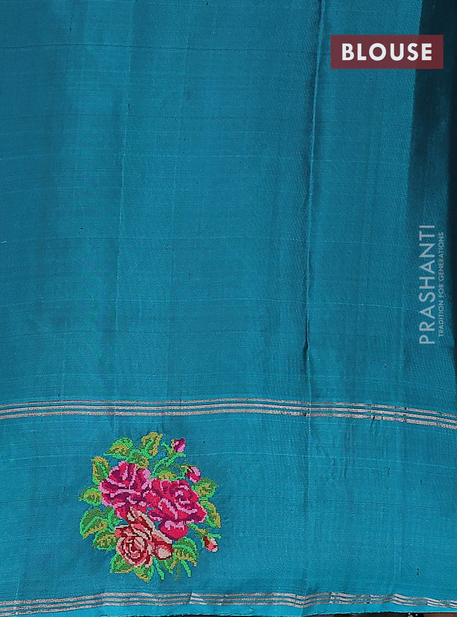 Pure soft silk saree purple and teal blue shade with allover silver zari woven butta weaves and zari woven embroidery butta border