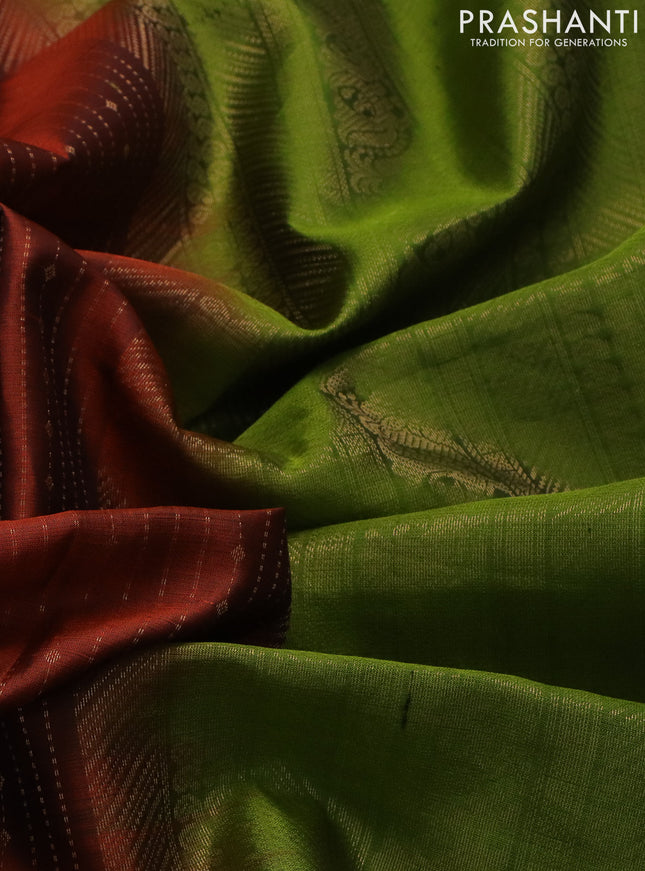 Pure soft silk saree rust shade and mehendi green with allover zari weaves and zari woven embroidery butta border