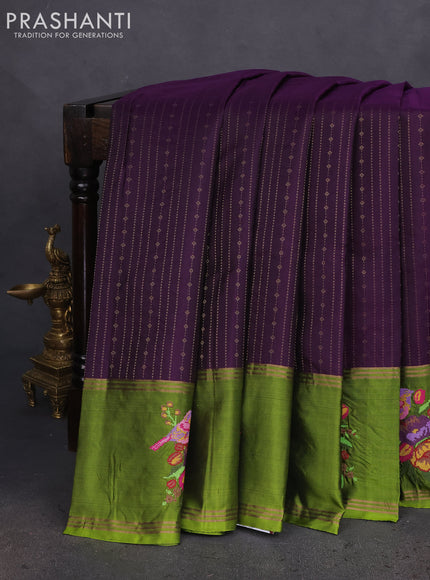 Pure soft silk saree purple and mehendi green with allover zari weaves and zari woven embroidery butta border