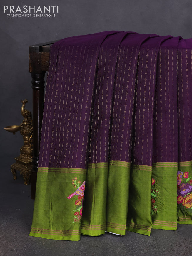 Pure soft silk saree purple and mehendi green with allover zari weaves and zari woven embroidery butta border