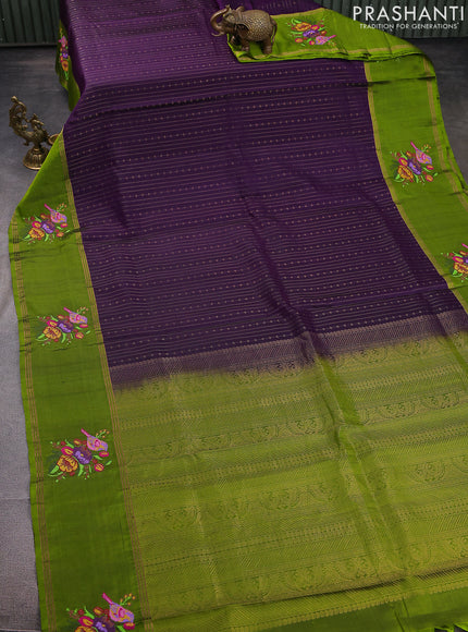 Pure soft silk saree purple and mehendi green with allover zari weaves and zari woven embroidery butta border
