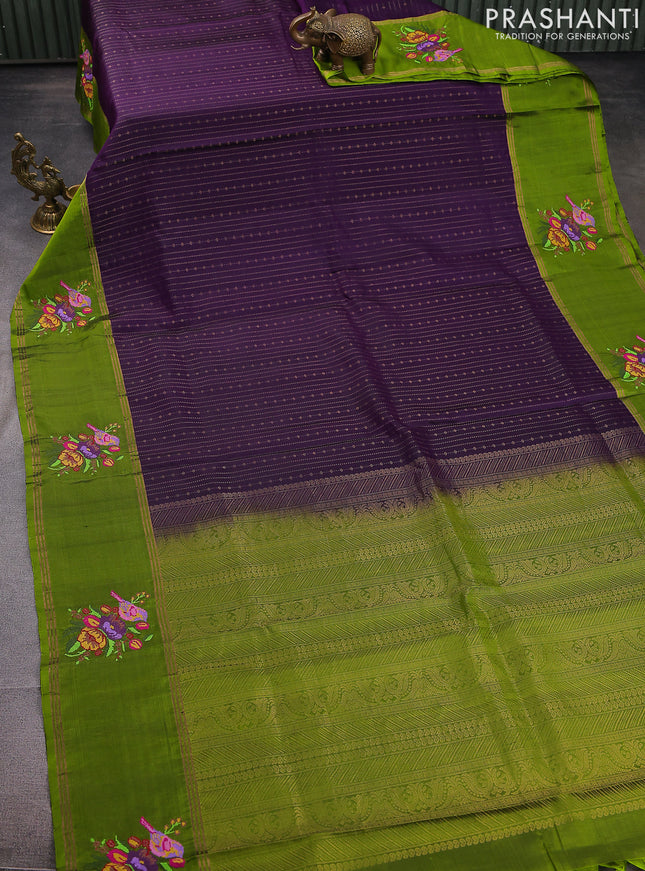 Pure soft silk saree purple and mehendi green with allover zari weaves and zari woven embroidery butta border