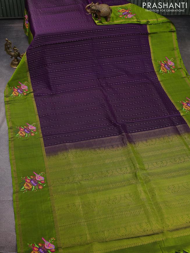 Pure soft silk saree purple and mehendi green with allover zari weaves and zari woven embroidery butta border