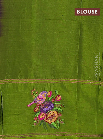 Pure soft silk saree purple and mehendi green with allover zari weaves and zari woven embroidery butta border