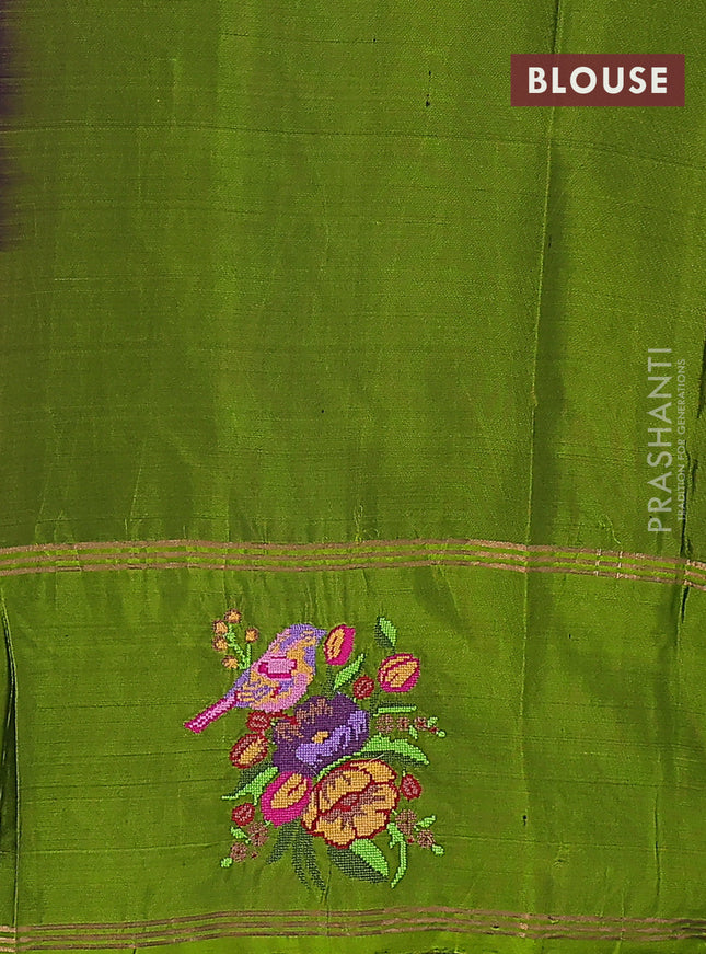 Pure soft silk saree purple and mehendi green with allover zari weaves and zari woven embroidery butta border