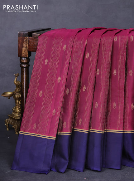 Kanchipuram silk saree dark magenta pink and dark blue with allover zari weaves & buttas and zari woven simple border