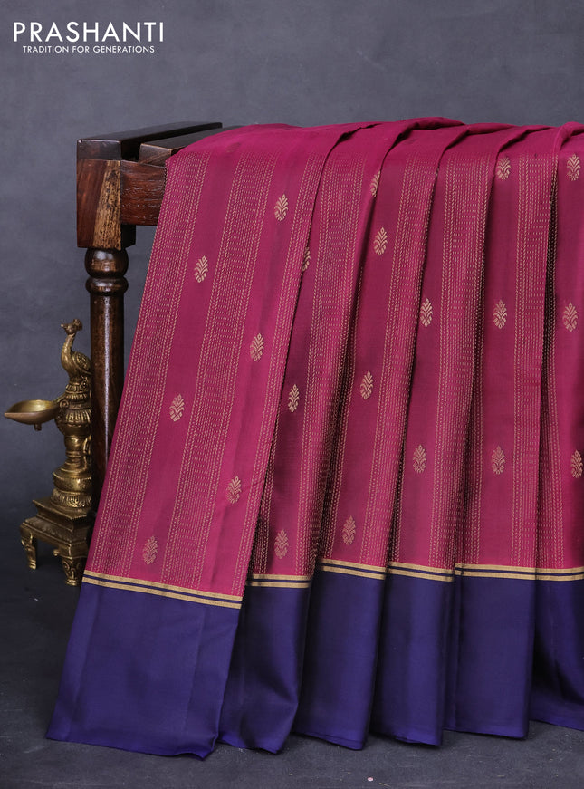Kanchipuram silk saree dark magenta pink and dark blue with allover zari weaves & buttas and zari woven simple border