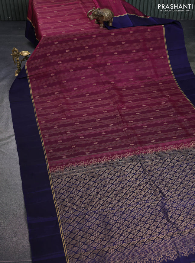 Kanchipuram silk saree dark magenta pink and dark blue with allover zari weaves & buttas and zari woven simple border