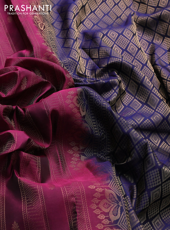 Kanchipuram silk saree dark magenta pink and dark blue with allover zari weaves & buttas and zari woven simple border
