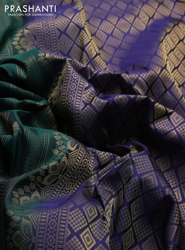 Kanchipuram silk saree bottle green and dark blue with allover zari weaves & buttas and zari woven simple border